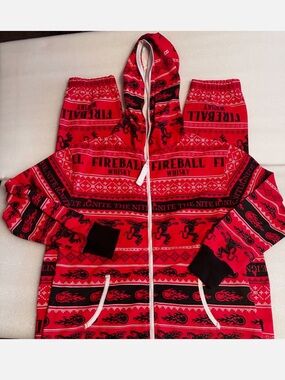 NEW Fireball Whiskey Pajamas Flannel Lined Union One Piece Zip Pockets Adult S